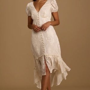 Gala in the Garden Cream Jacquard High-Low Midi Dress Lulus